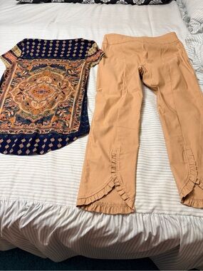 Crown and Ivy Tan Ruffle-Hem Capri Pants with matching top